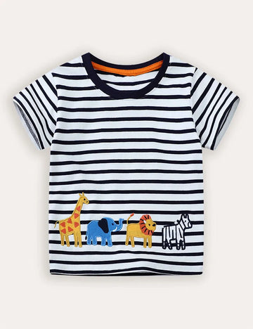 African Animals Applique Short Sleeve T-Shirt